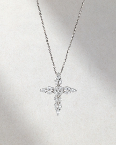 Cross pendant with chain in 18K White Gold with Navette-cut diamonds and Princess-cut diamonds