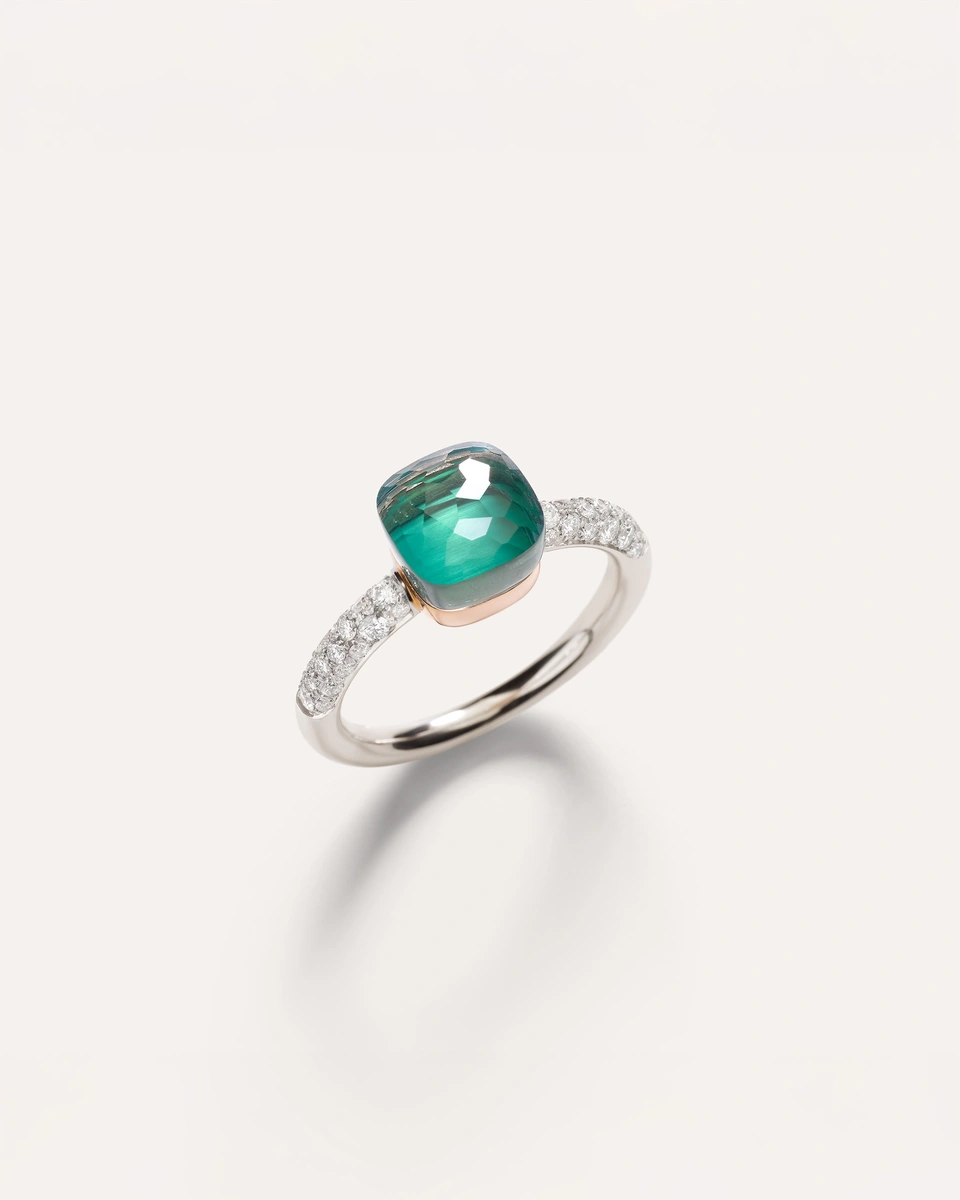 Petit Nudo ring in 18k white and rose gold with sky blue topaz, agate and  white diamonds