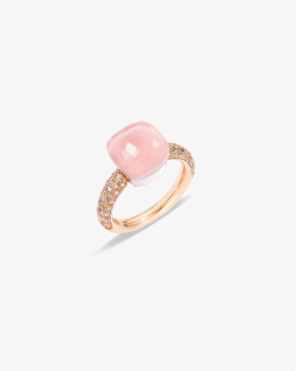 Nudo ring in 18k rose and white gold with rose quartz, chalcedony and brown diamonds.