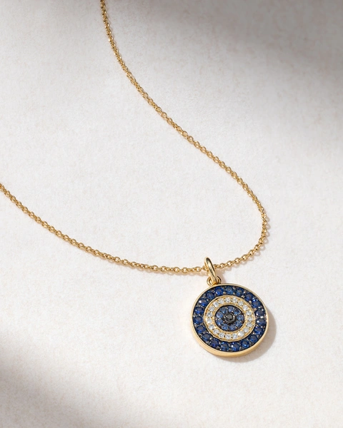 18K Yellow Gold Circle Talisman Necklace with Sapphires and Diamonds