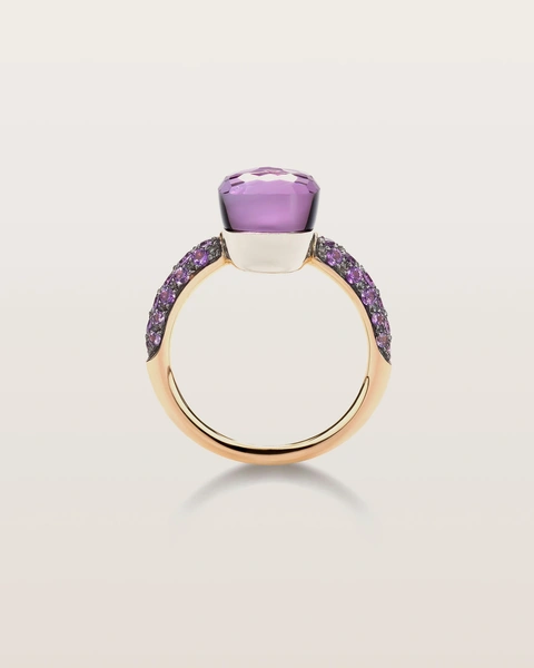 Nudo Petit ring in 18k rose and white gold with amethysts and jade