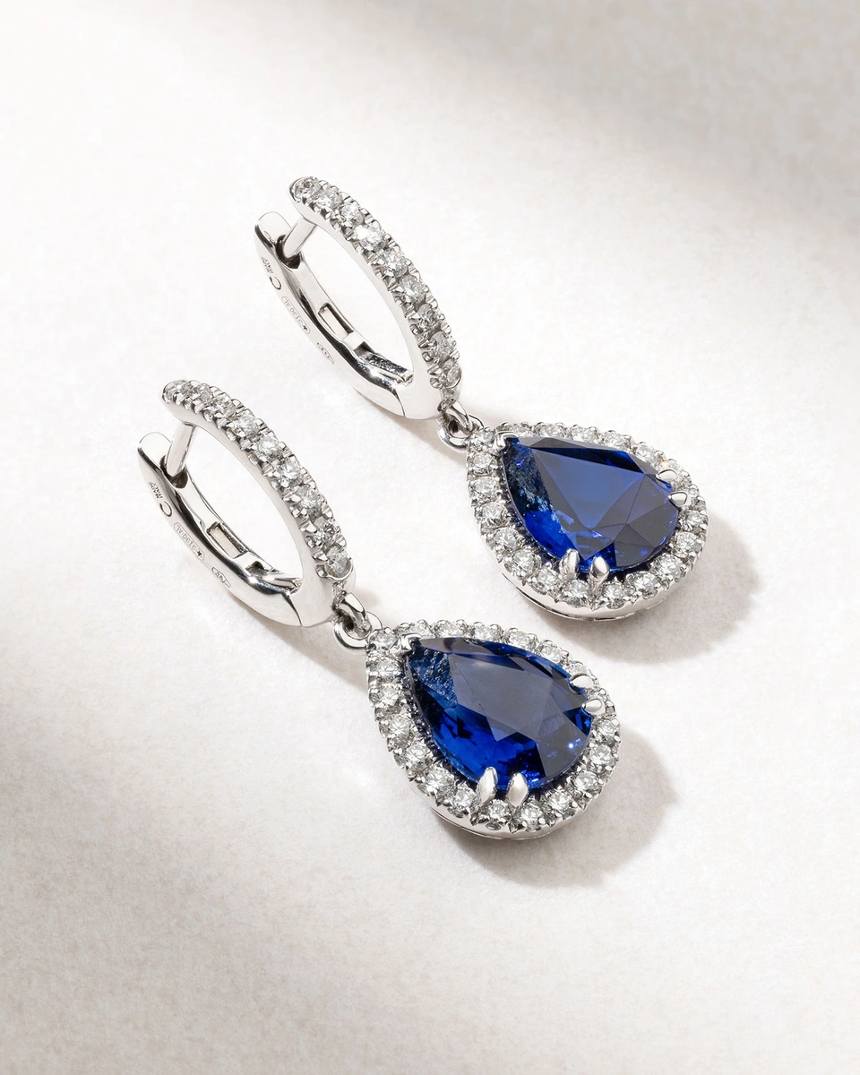 18K White Gold Drop Earrings with Pear Shaped Sapphires and Diamonds