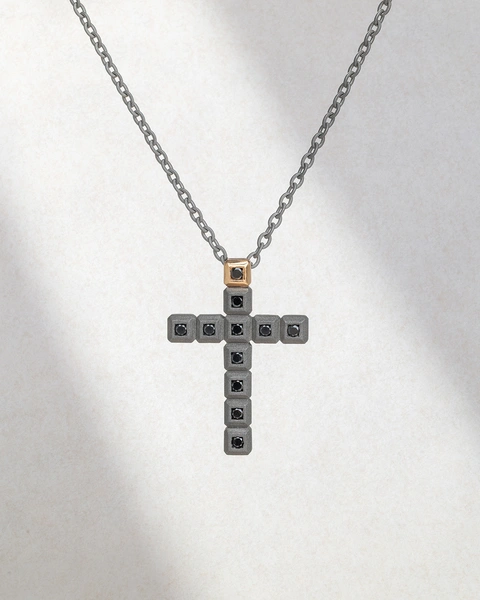 Σταυρός από 18Κ Ροζ Χρυσό, Ασήμι και Τιτάνιο με Μαύρα Μπριγιάν διαμάντια