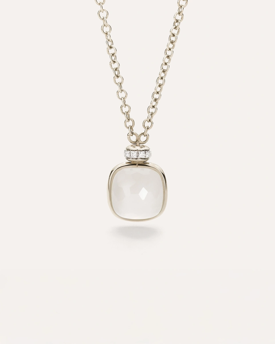 Nudo necklace with pendant in 18k manganese white gold with milky quartz and  white diamonds