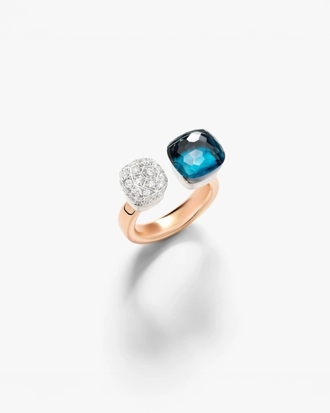 Toi & Moi Nudo ring in 18k rose and white gold with london blue topaz and white diamonds