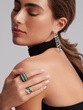 18K White Gold Ring with Oval and Pear Shaped Diamonds and Emeralds