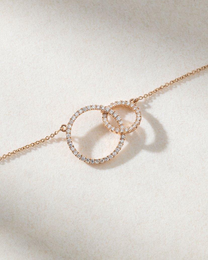 18K Rose Gold Necklace with Diamond Double Circle Pendant - Image 2