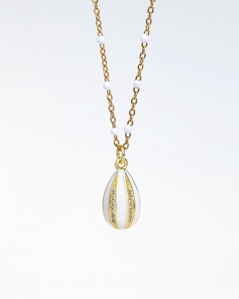 Gold-Plated Egg Necklace with White and Gold Enamel and White Stones