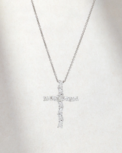 Cross in 18K White Gold with Navette-Shaped Diamonds and Brilliant-Cut Diamonds
