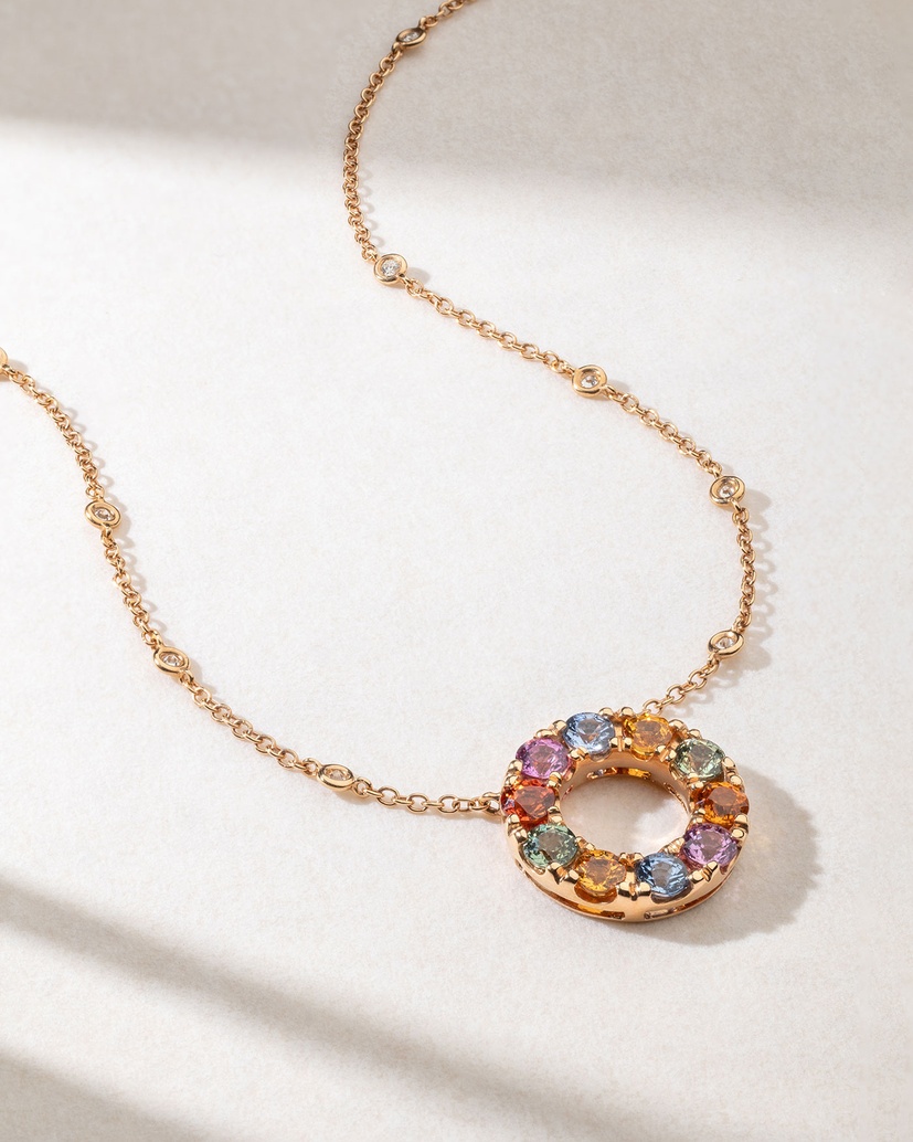 18K Rose Gold Necklace with Diamonds and Rainbow Sapphires