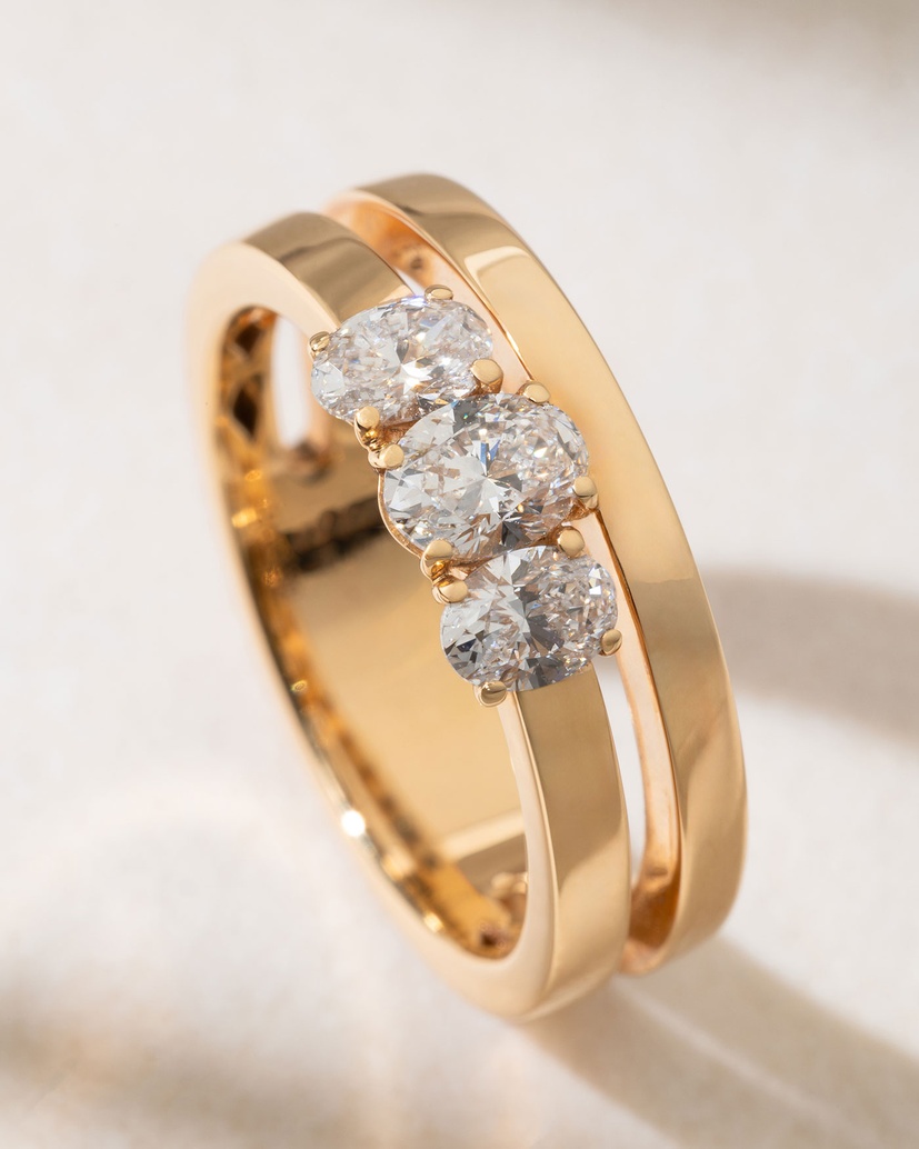 Two band 18K Rose Gold Ring with Oval Diamonds