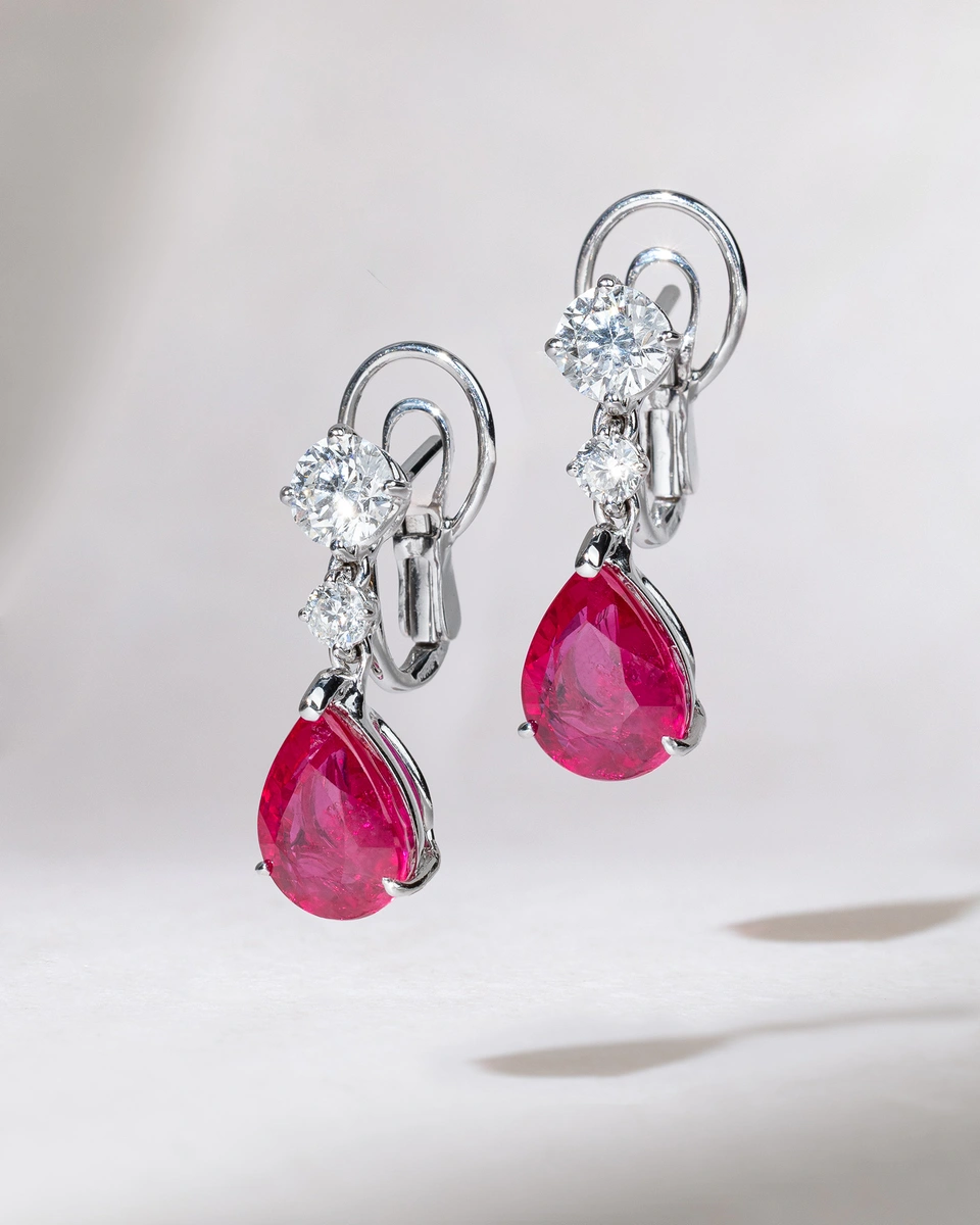18K White Gold Drop Earrings with Rubies and Diamonds