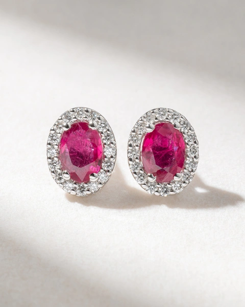 18K White Gold Earrings with Oval Rubies and Diamonds