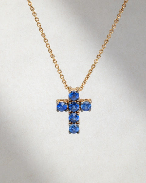 Cross pendant with chain in 18K Rose Gold with Sapphires