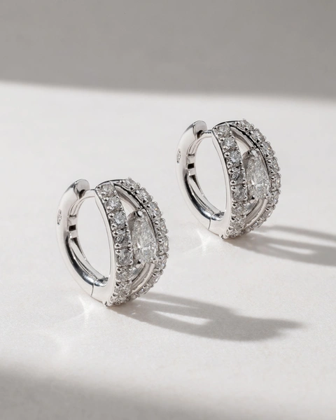 18K White Gold Hoops with Brilliant and Pear Shaped Diamonds