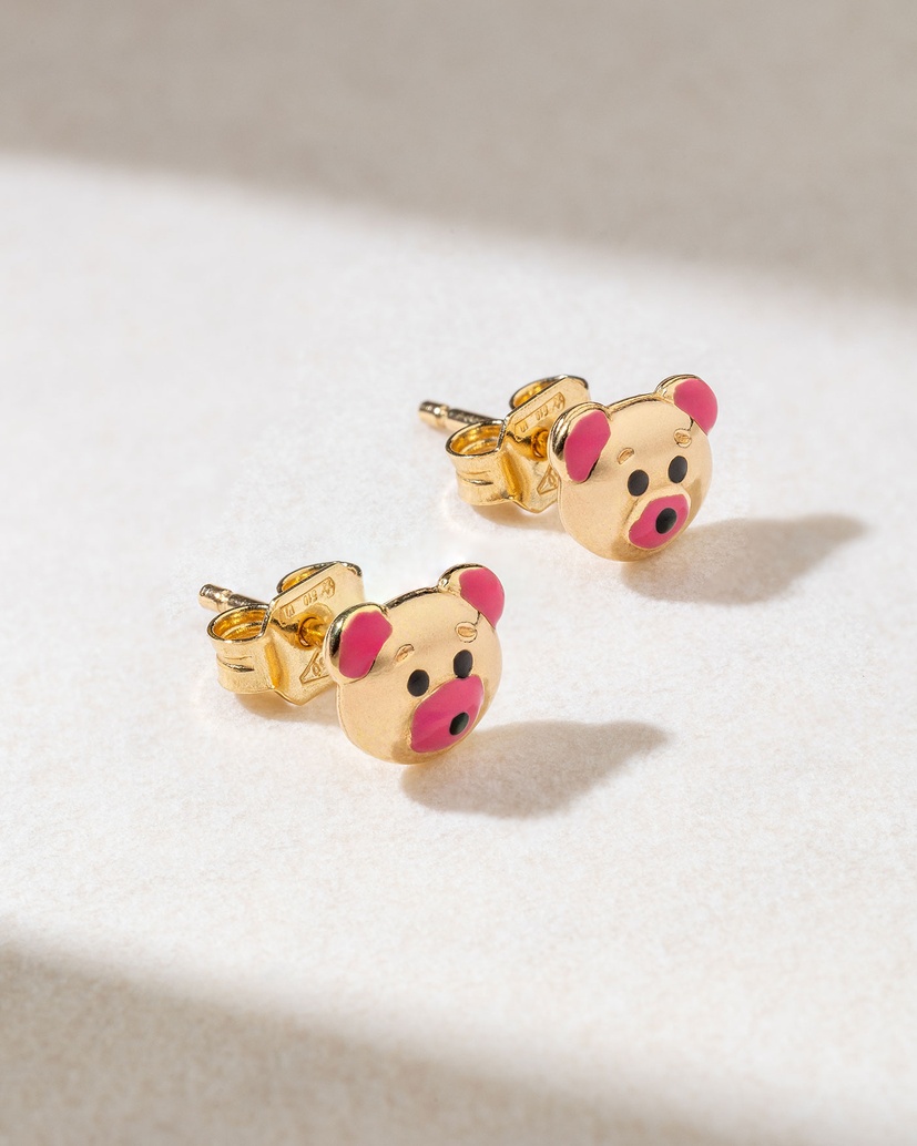 Teddy Bear Earrings in 18 Karat Yellow Gold with Enamel