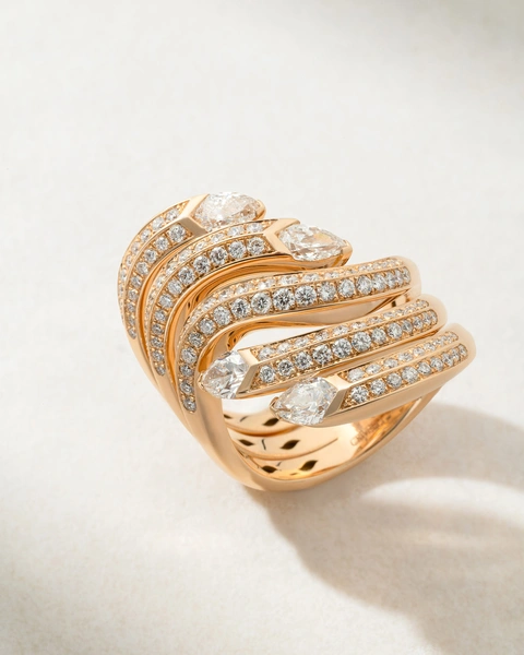 18 Κ Rose Gold Wavy Ring with Brilliant and Poir Diamonds