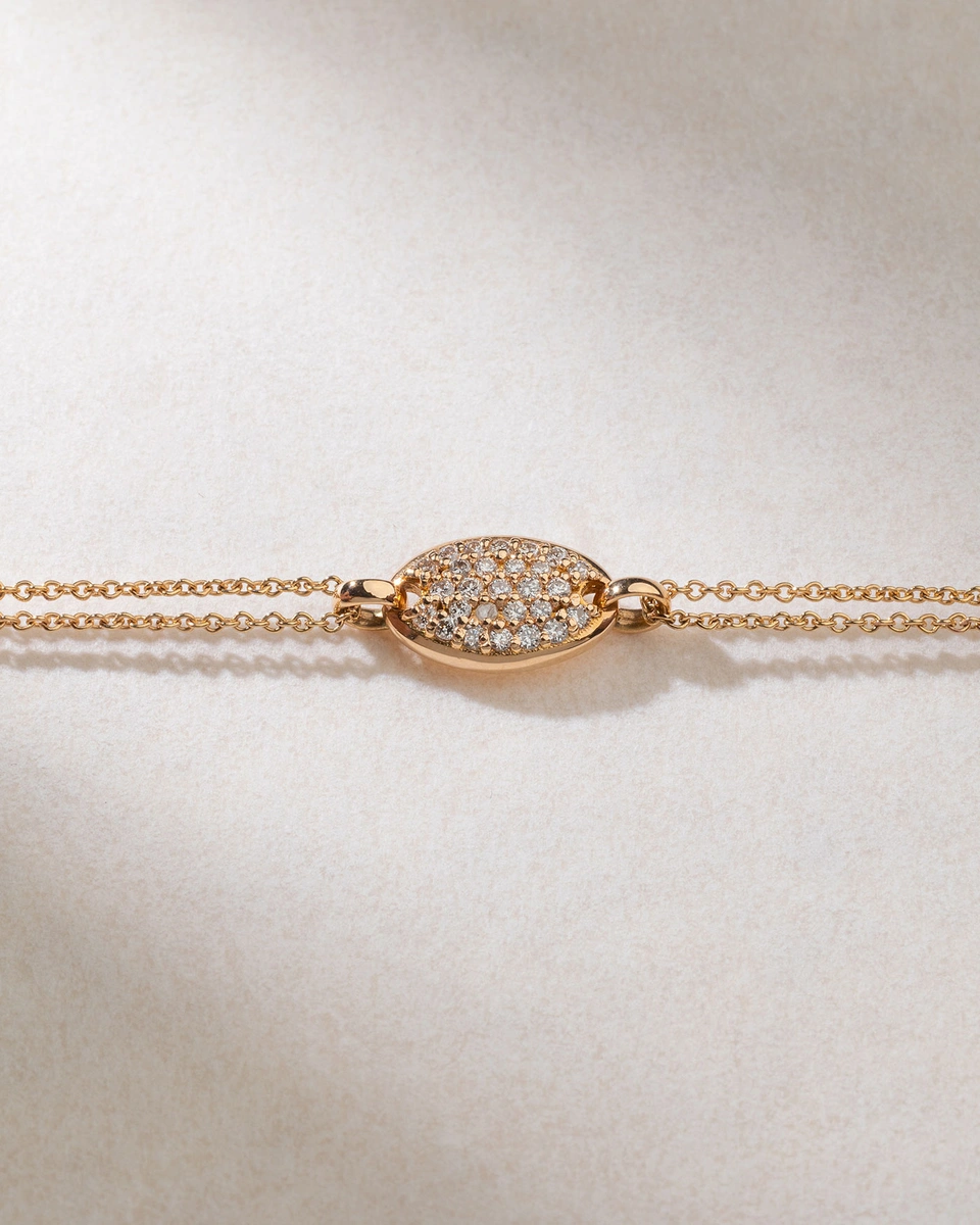 18K Rose Gold Double Chain Bracelet with Diamond Oval Motif