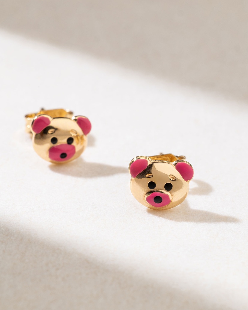 Teddy Bear Earrings in 18 Karat Yellow Gold with Enamel