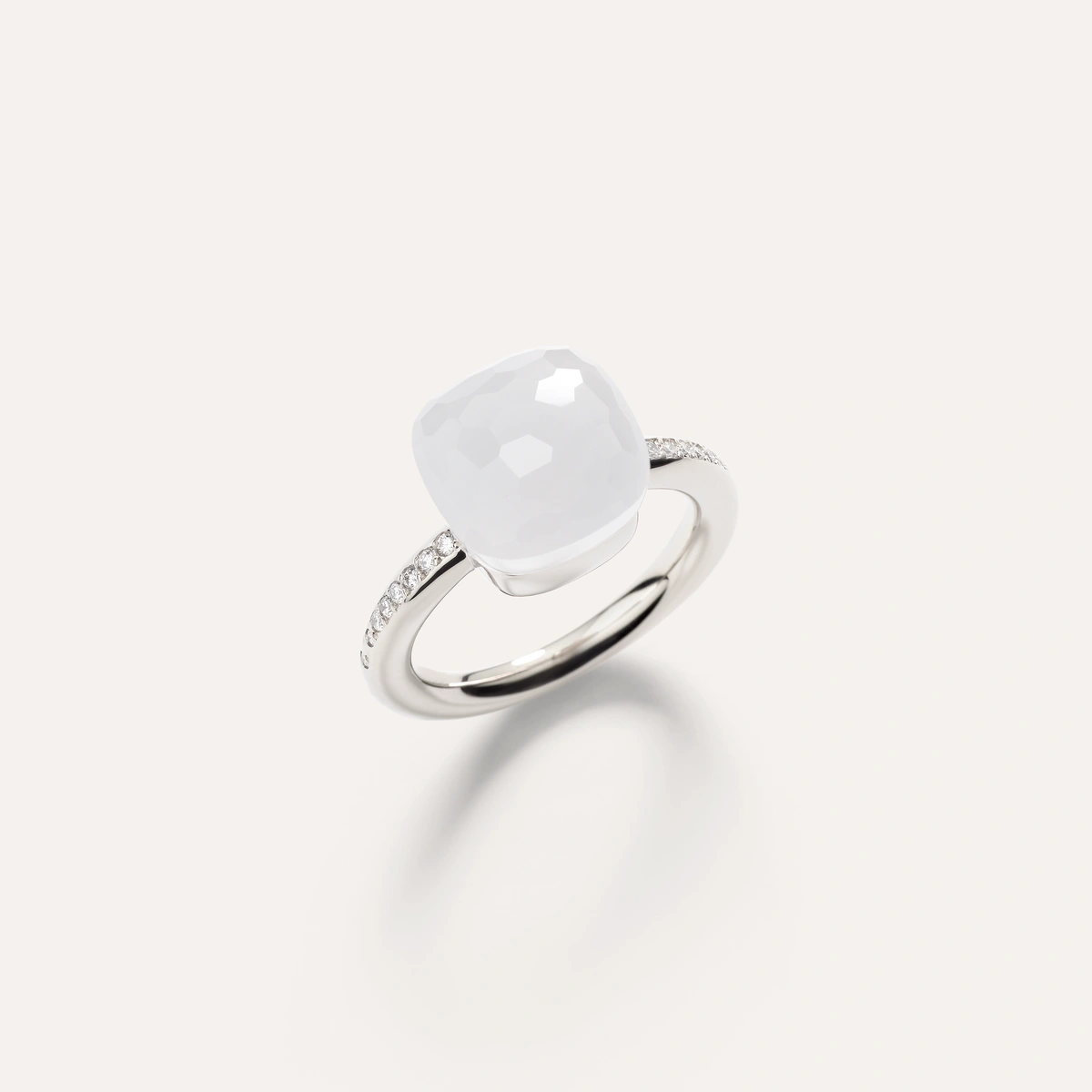 Nudo ring in 18k manganese white gold with milky quartz and white diamonds