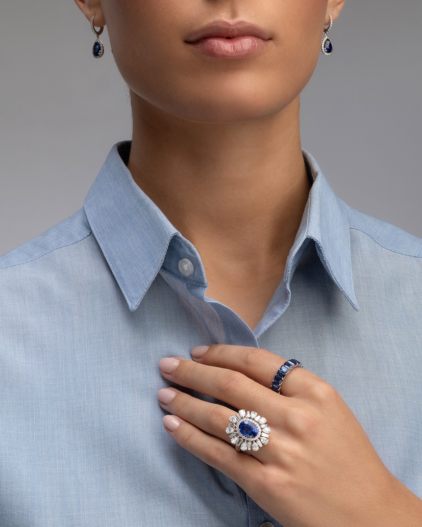 18K White Gold Drop Earrings with Pear Shaped Sapphires and Diamonds