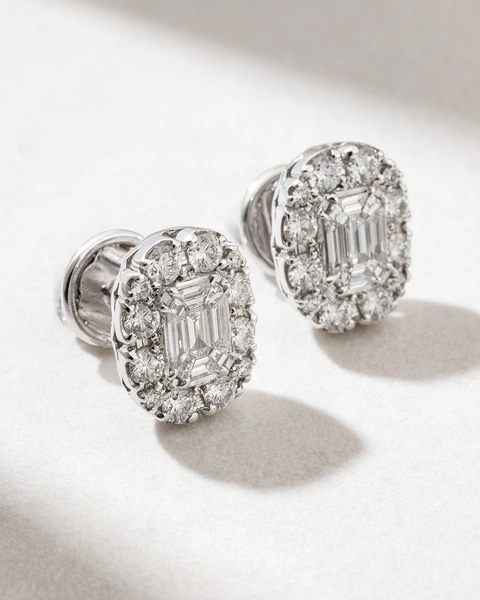 18K White Gold Oval Studs with Trapezoid and Brilliant Diamonds