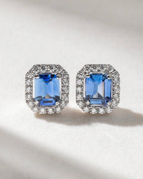 18K White Gold Earrings with Emerald Cut Sapphires and Diamonds