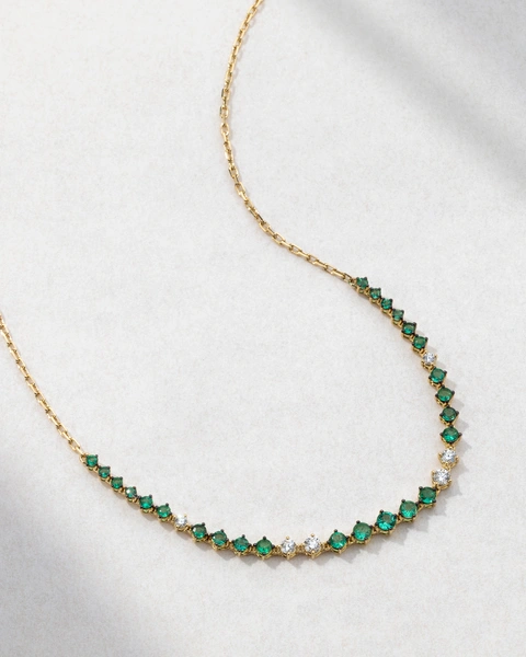 Two-Tone 18K Yellow Gold Necklace with Brilliant-Cut Diamonds and Emeralds