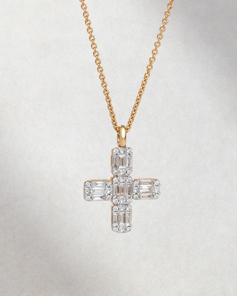 Cross in 18K Rose Gold with Brilliant-cut, Baguette, and Princess-cut diamonds