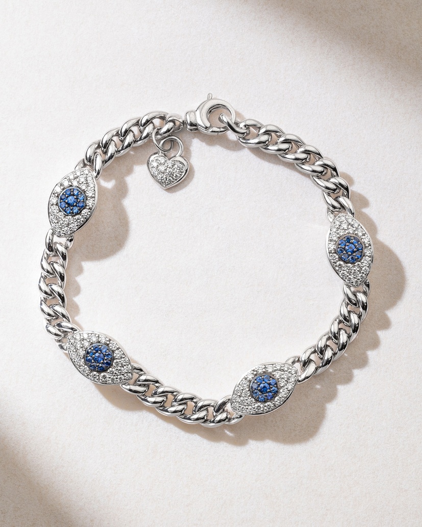18K White Gold Bracelet with Chain and Talisman Eyes