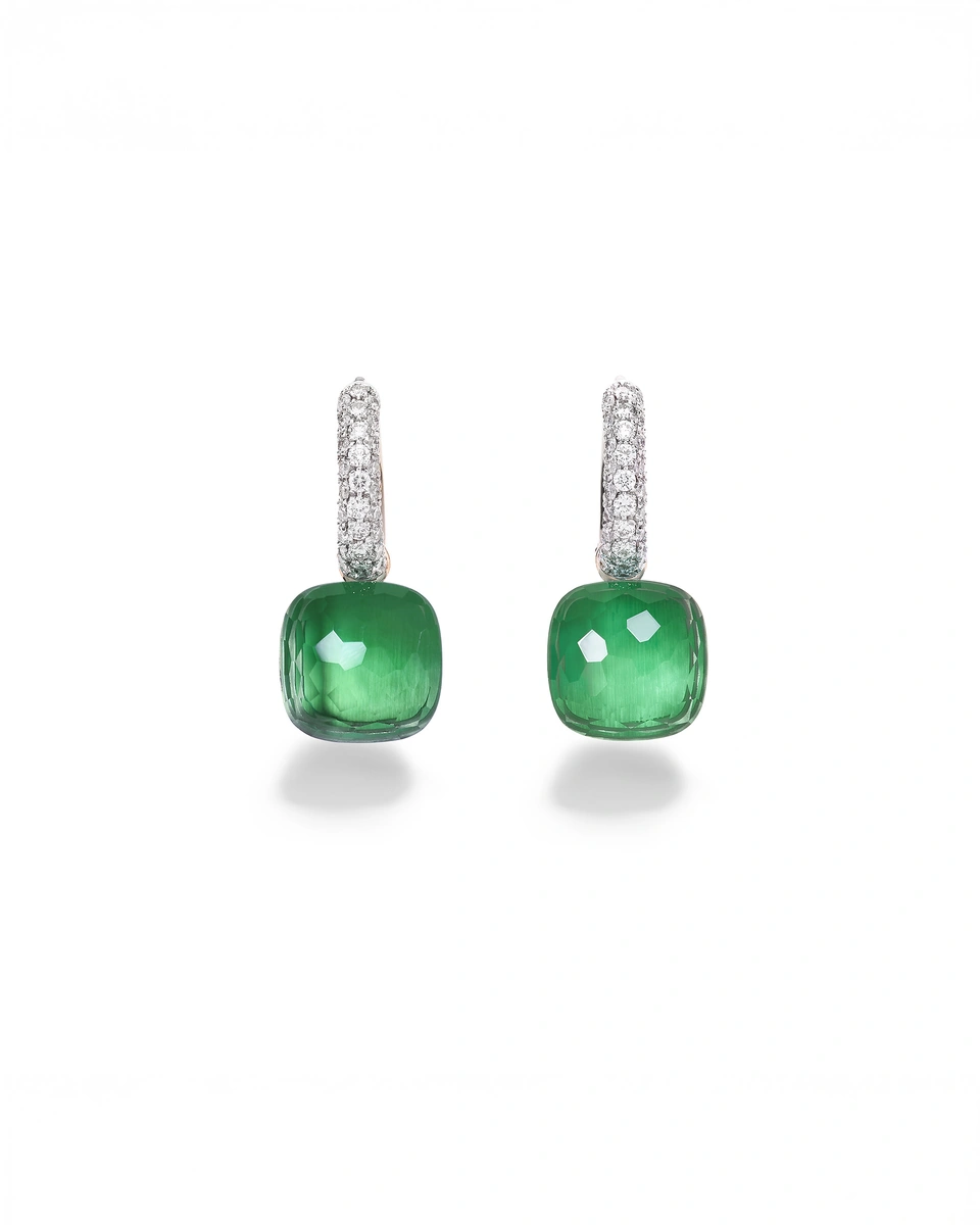 Pomellato Nudo Classic Earrings in 18K Rose and White Gold with Brilliant-Cut Diamonds, Green Agate and Prasiolite