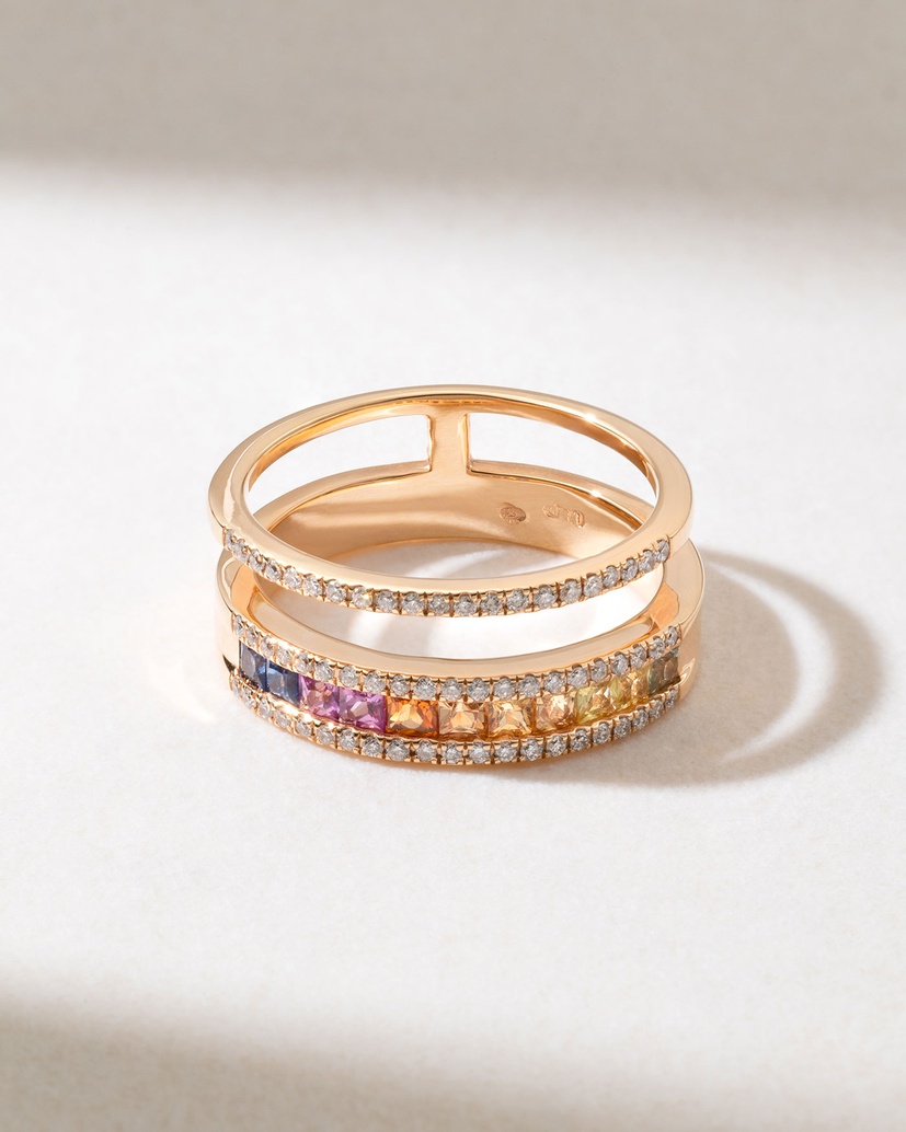 18K Rose Gold Rainbow ring with Multicolored Sapphires and Diamonds