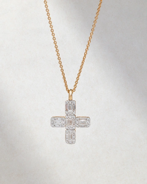 Cross in 18K Rose Gold with Brilliant-cut, Baguette, and Princess-cut diamonds