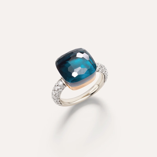Nudo ring in 18k white and rose gold  with london blue topaz (≈15 cts) and  white diamonds