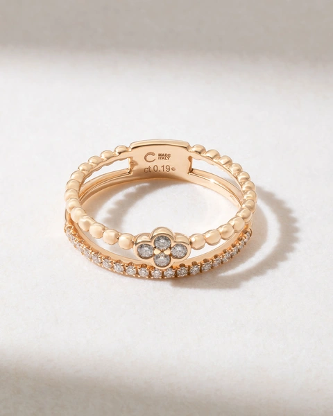 18K Double Band Rose Gold Ring with Diamonds