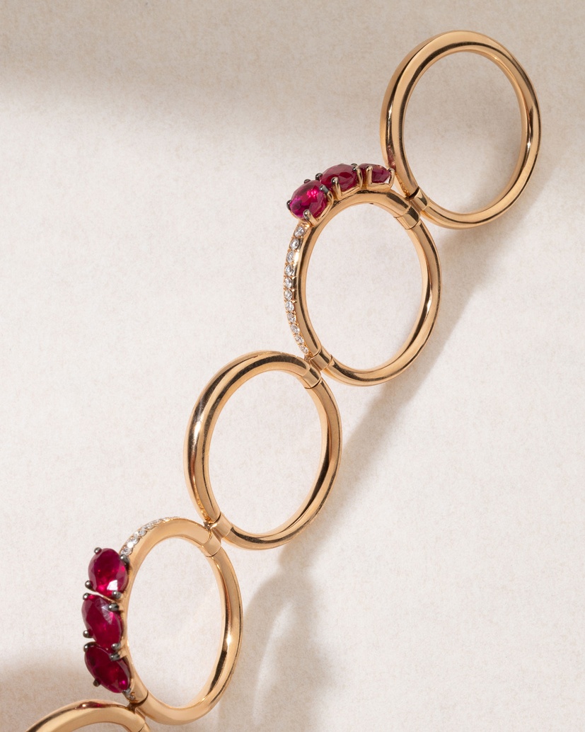 18K Five Band Rose Gold Ring with Oval Rubies and Diamonds