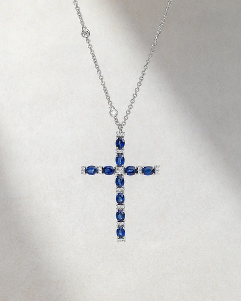 Cross with chain in 18K White Gold set with Brilliant-cut diamonds and Oval sapphires