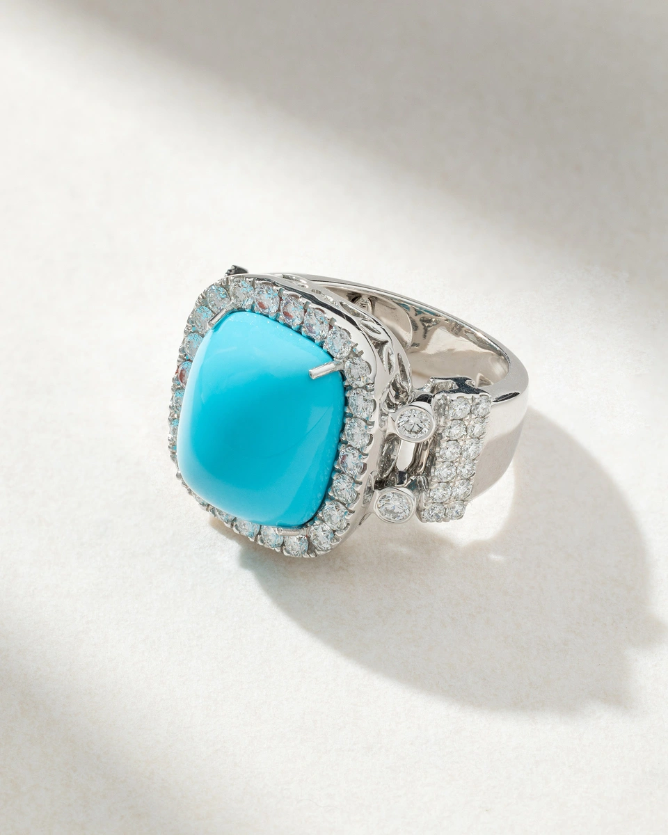 Δαχτυλίδι Λευκόχρυσο Κ18 με Τυρκουάζ και Μπριγιάν Διαμάντια