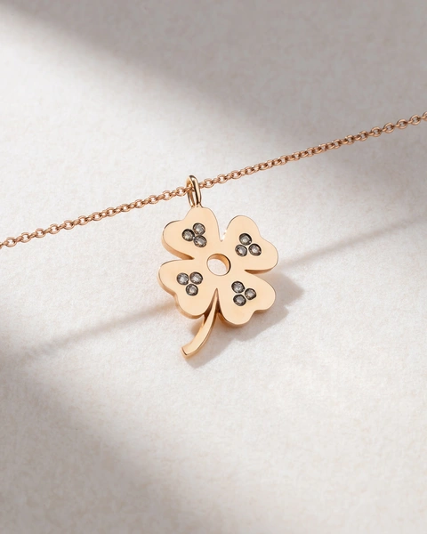 18K Rose Gold Necklace with a Four Leaf Clover and Brown Diamonds