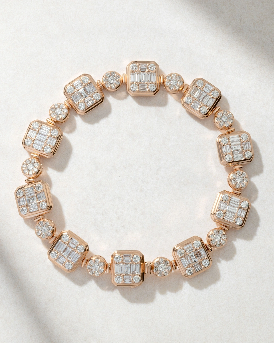Μοντέρνο Βραχιόλι Ροζ Χρυσό Κ18 με Μπαγκέτ και Μπριγιάν Διαμάντια
