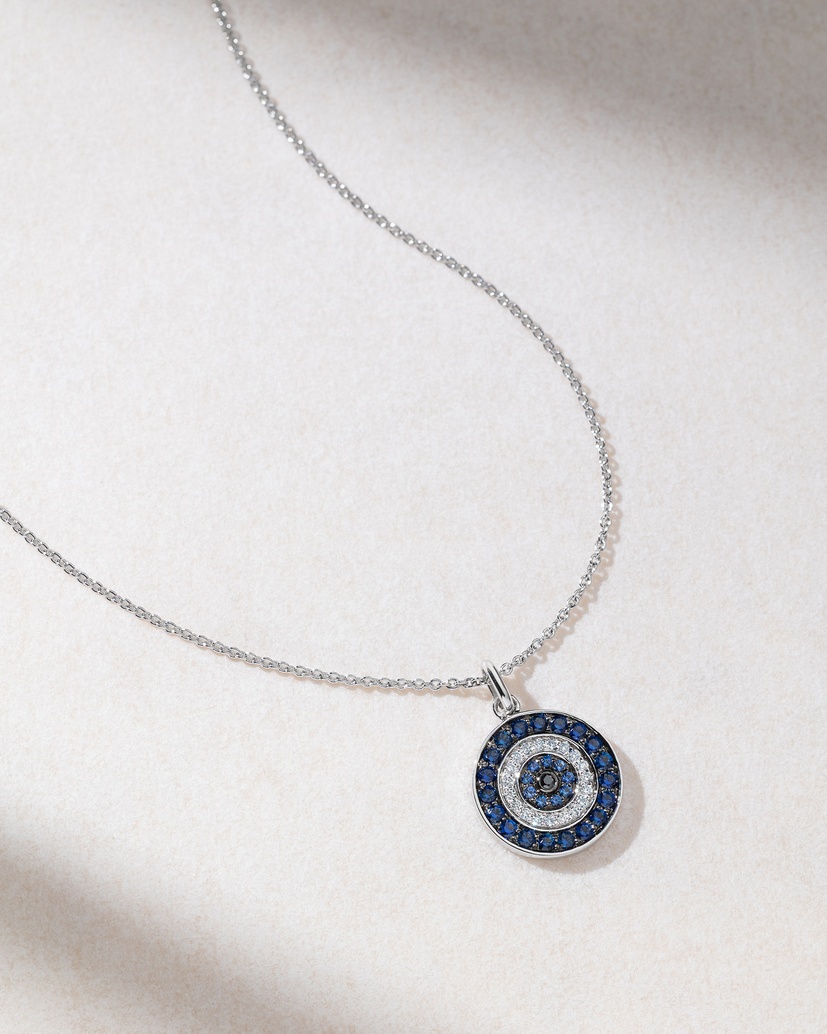 18K White Gold Circle Talisman Necklace with Sapphires and Diamonds - Image 1