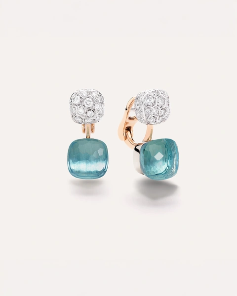 Nudo Earrings in 18k Rose and White gold with 2 sky blue topazes and 76 white diamonds