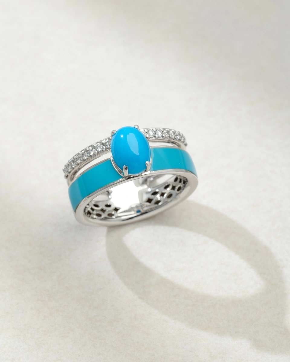 18Κ White Gold Ring with Oval Turquoise, Enamel and Diamonds