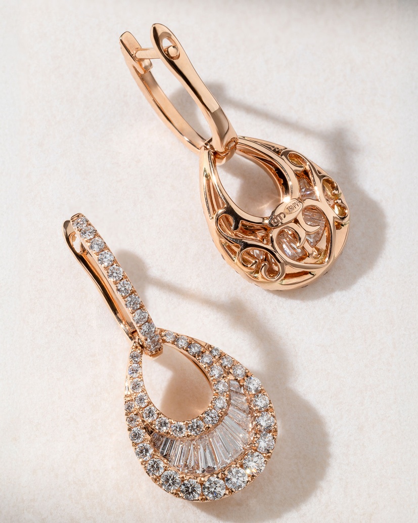 Rose Gold Drop Earrings Κ18 with Brilliant and Baguette Diamonds