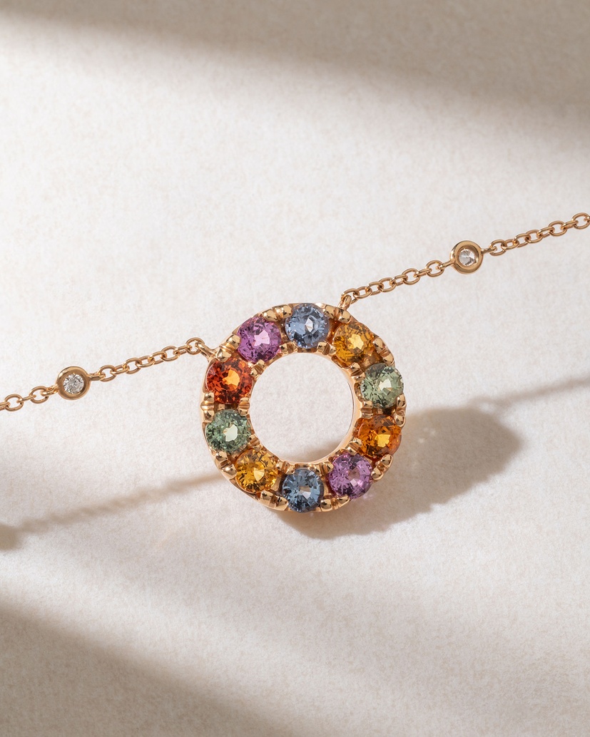 18K Rose Gold Necklace with Diamonds and Rainbow Sapphires