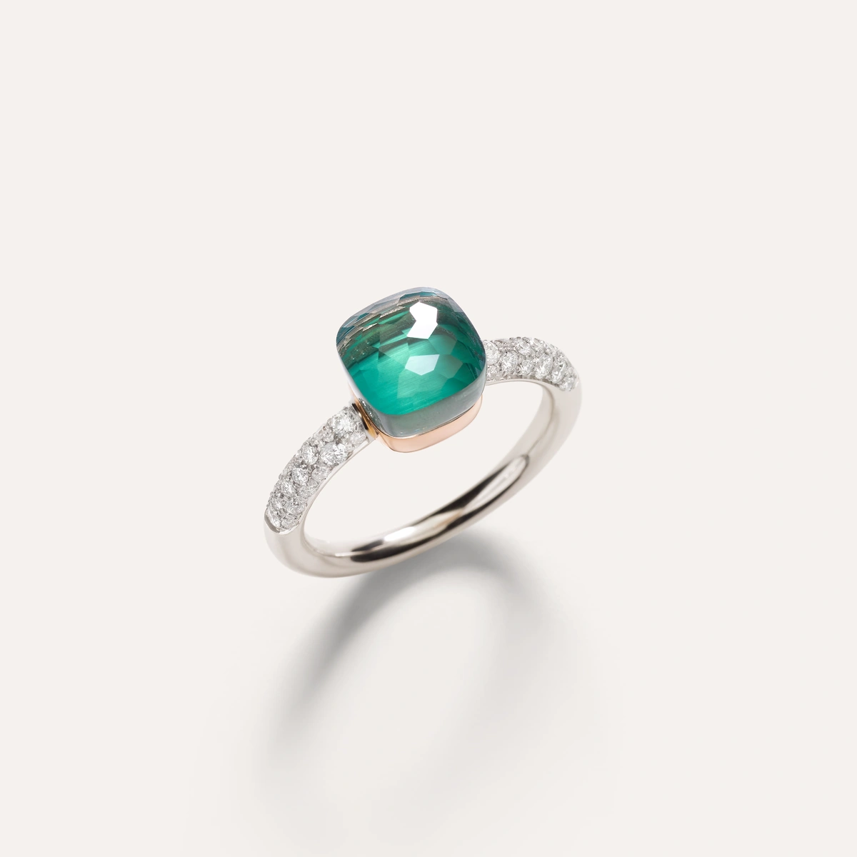 Petit Nudo ring in 18k white and rose gold with sky blue topaz, agate and  white diamonds