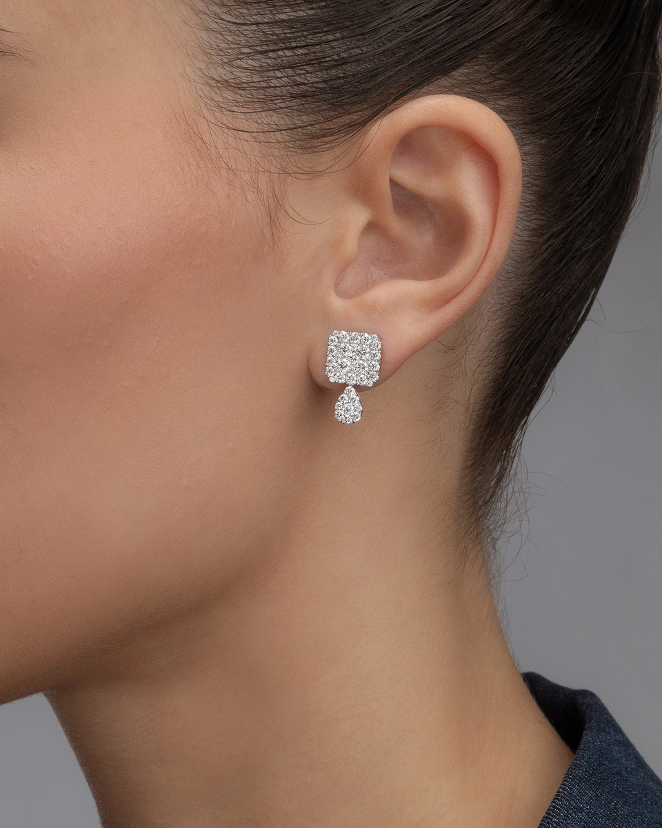 Σκουλαρίκα τετραγωνα με Σταγόνα σε Λευκόχρυσο Κ18 και Διαμάντια