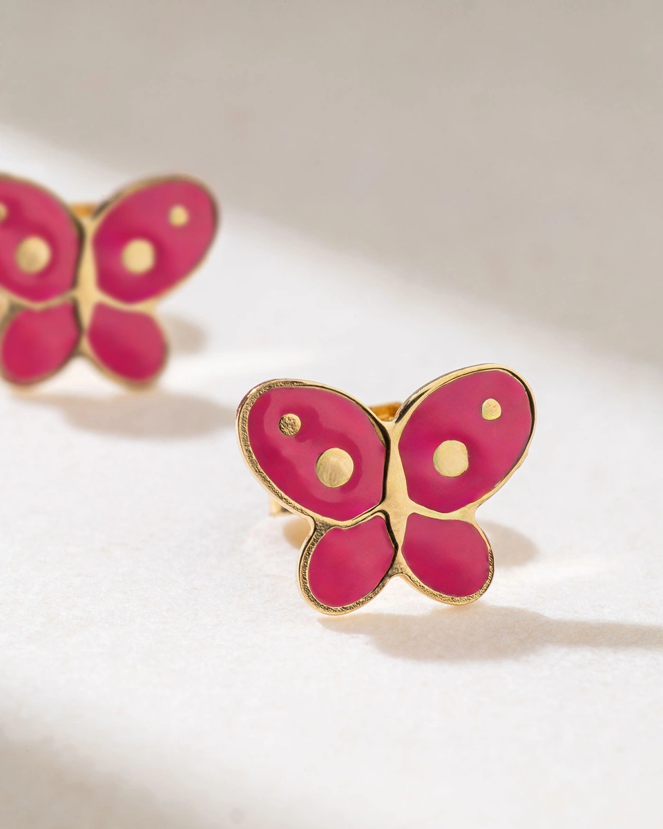 18K Yellow Gold Earrings with Enamel Pink Butterflies