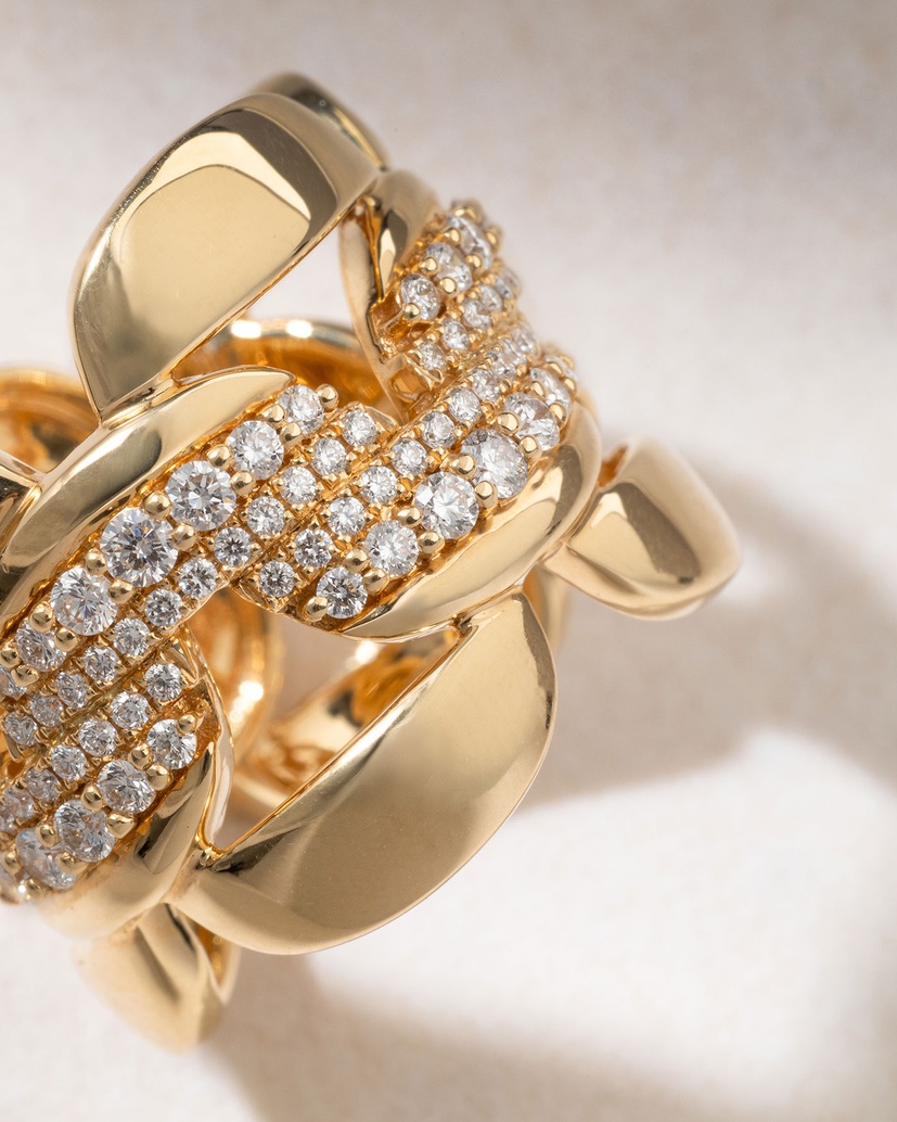 Gourmet Chain Ring in 18K Yellow Gold with Diamonds