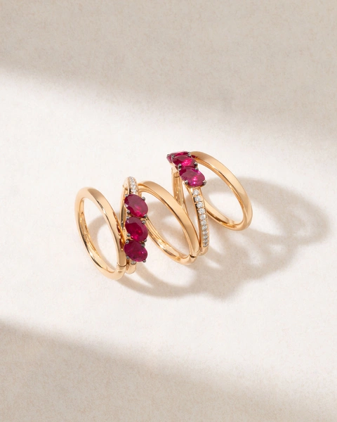18K Five Band Rose Gold Ring with Oval Rubies and Diamonds